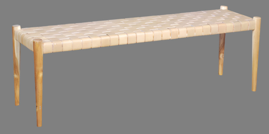 Contemporary teak framed rectangular bench upholstered with tan, white or black leather strapping
Materials: teak wood and leather