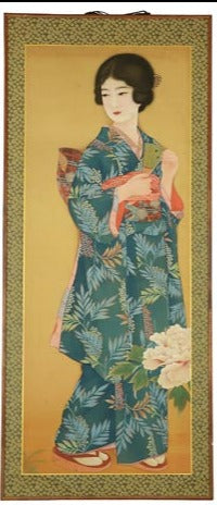 Rare Taisho-period Japanese Bijin-ga painting of a woman in kimono with fan. Circa 1920. Graceful and elegant traditional portrait.