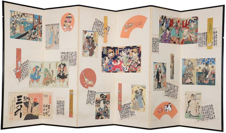 Antique Japanese 6-Panel Screen Featuring Ukiyo-e Prints of Kabuki Actors – Meiji Period