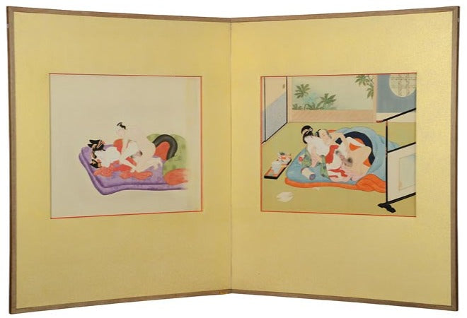 Japanese 2-panel 'shunga' screen with finely painted erotic scenes. Traditional and rare. Several others available in-store.