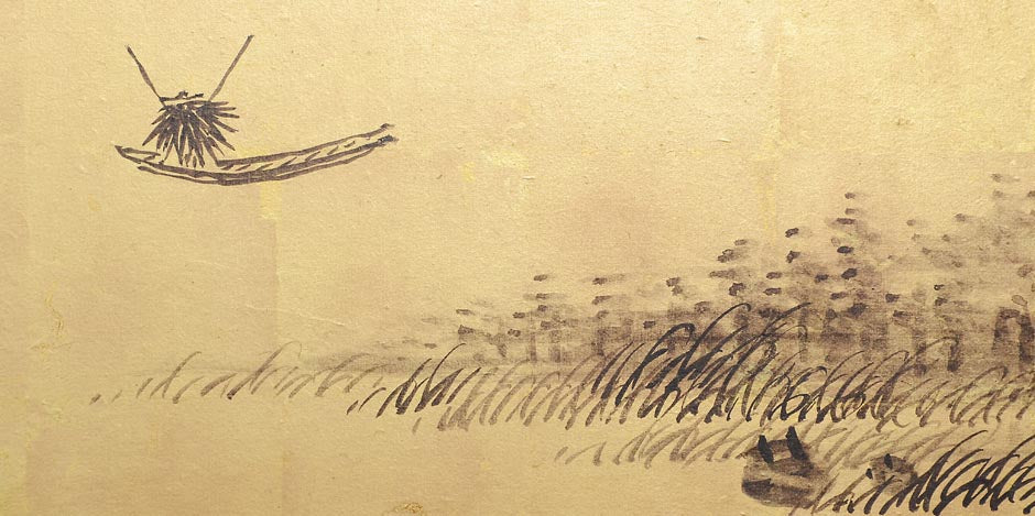 Six panel 'literati' ink on gold screen depicting a classical Chinese landscape, by Tanomura Chokunyu 1814-1907, c1872Fully remounted and in excellent condition