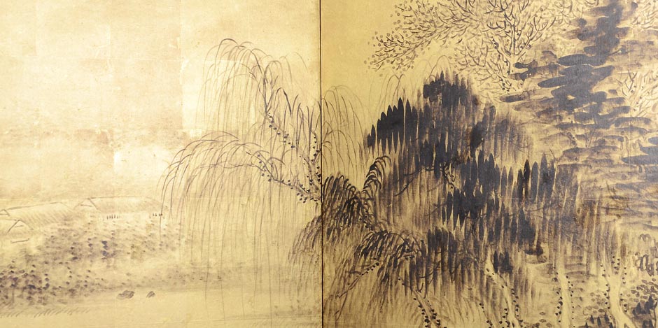Six panel 'literati' ink on gold screen depicting a classical Chinese landscape, by Tanomura Chokunyu 1814-1907, c1872Fully remounted and in excellent condition