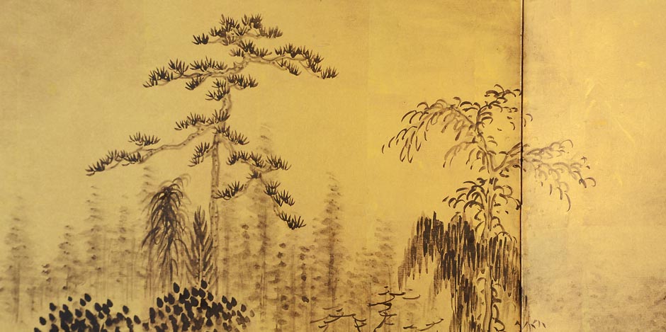 Six panel 'literati' ink on gold screen depicting a classical Chinese landscape, by Tanomura Chokunyu 1814-1907, c1872Fully remounted and in excellent condition