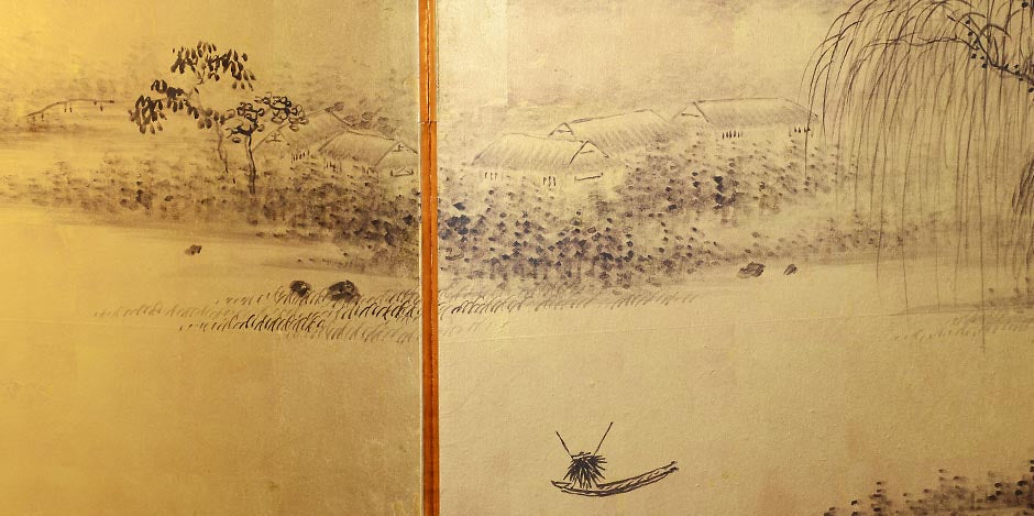 Six panel 'literati' ink on gold screen depicting a classical Chinese landscape, by Tanomura Chokunyu 1814-1907, c1872Fully remounted and in excellent condition