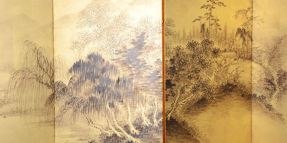 Six panel 'literati' ink on gold screen depicting a classical Chinese landscape, by Tanomura Chokunyu 1814-1907, c1872Fully remounted and in excellent condition