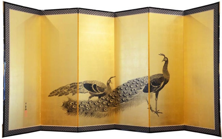 Antique Japanese Pair of Peacock Screens by Imao Keinen (1845–1924) This pair of Japanese screens features the majestic peacock - beauty, grace, and nobility