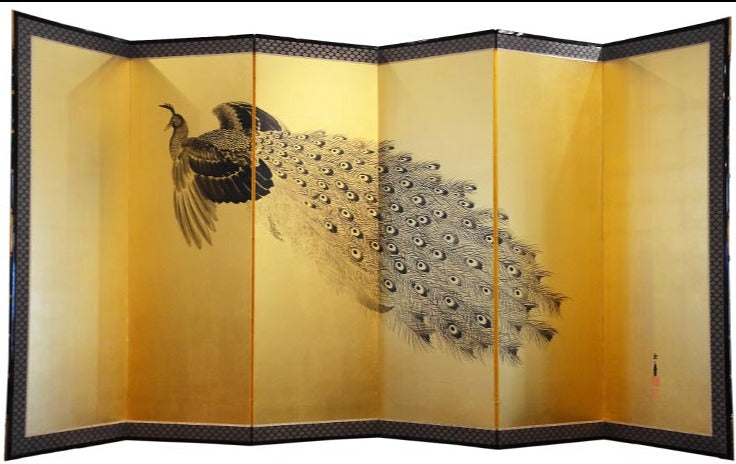 Antique Japanese Pair of Peacock Screens by Imao Keinen (1845–1924)