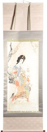 Antique Japanese Scroll – Chinese Woman in a Floral Landscape
