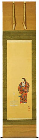 Antique Japanese Scroll – Noh Theatre Performer in Traditional Dress and Mask, Signed – Early 20th Century