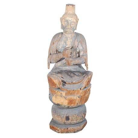 Large antique Japanese carved wooden Buddha atop a lotus throne with traces of original gilding and mineral pigments, C18th Edo period.