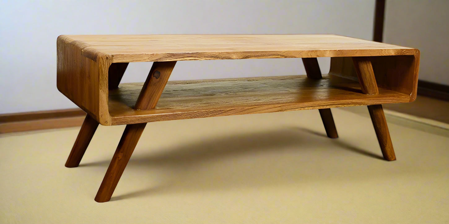 Contemporary Scandinavian style coffee table or entertainment unit made from sustainably sourced solid teak with a natural wax finish. This is the shorter of two sizes available.

Available in two sizes - 120cm wide - also available in 160cm wide.