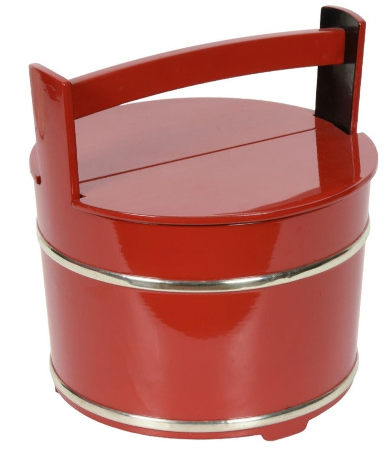 Japanese red lacquer Mizusashi&nbsp; (water container) with silver stripes in the shape of a bucket.