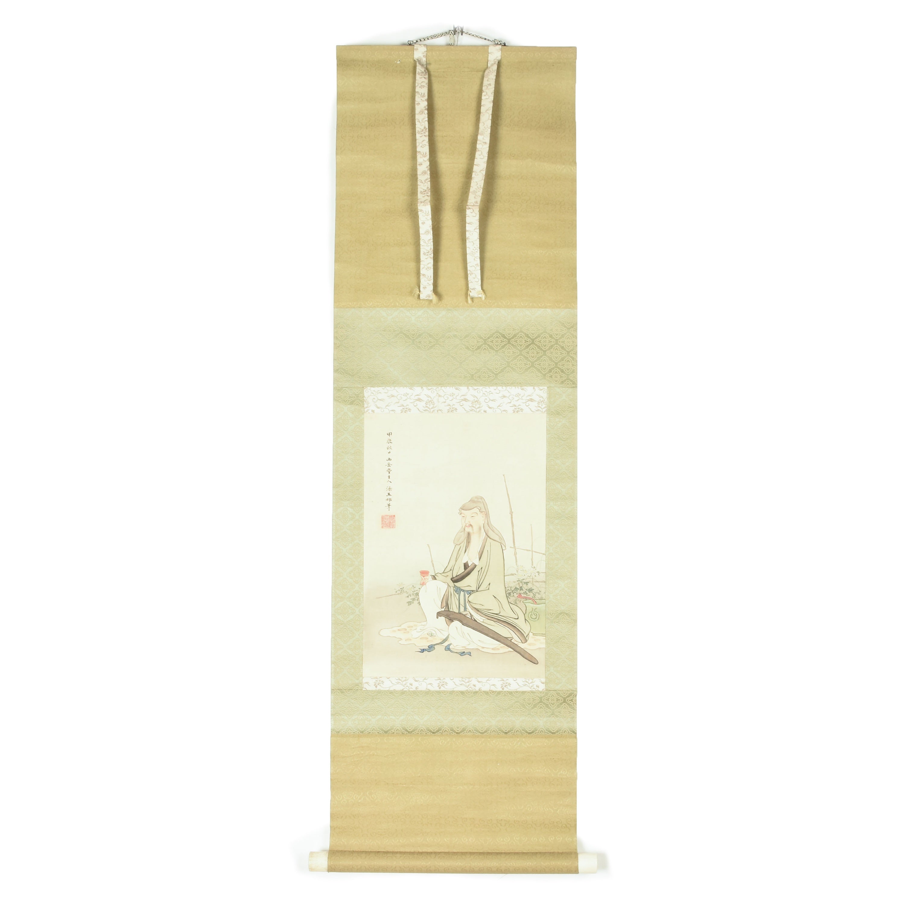 Vintage Japanese Scroll – A Sage Playing a Stringed Instrument and Drinking Wine